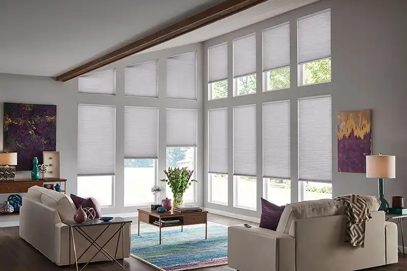 Living room with custom window shades on floor to ceiling windows